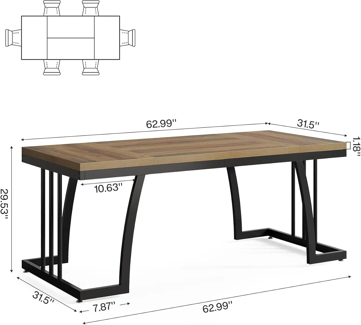 63 Farmhouse Dining Table, Large Kitchen Table for 4-6 People, Rectangular Kitchen & Dining Room Furniture with Thick