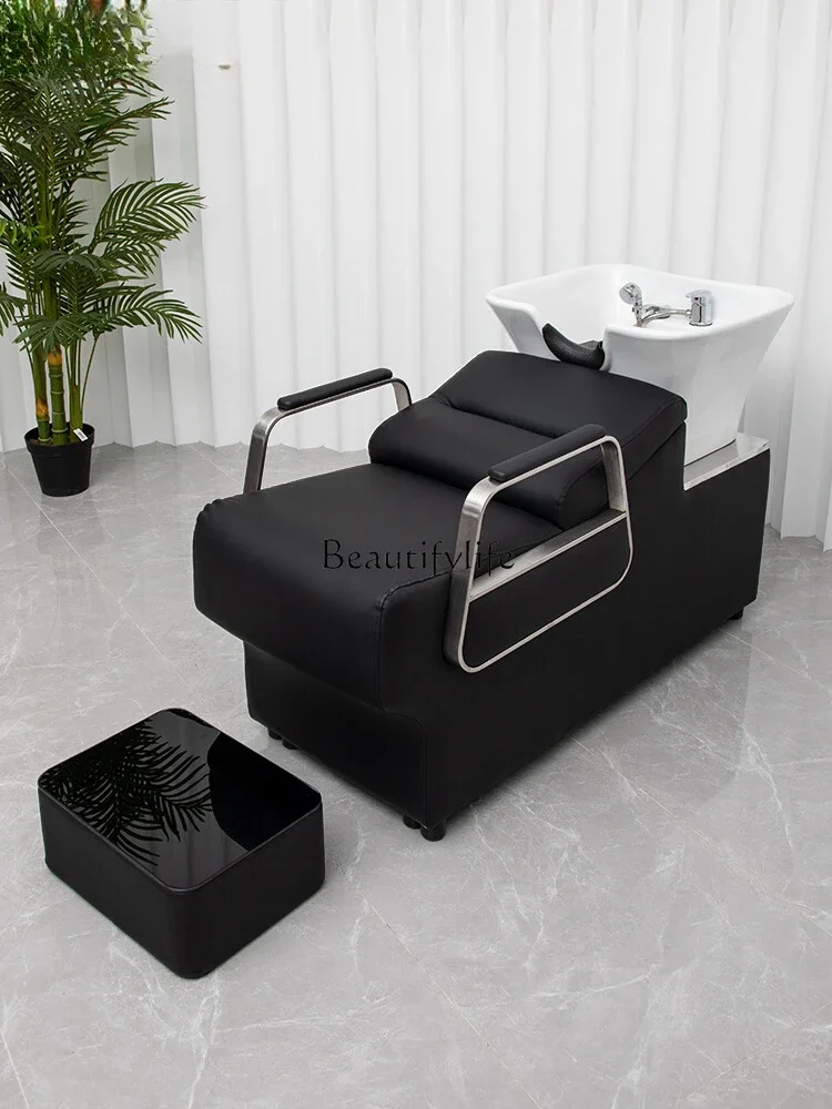 

High-End Massage Shampoo Bed Hair Saloon Dedicated Stainless Steel Flushing Bed Lying Half Ceramic Basin