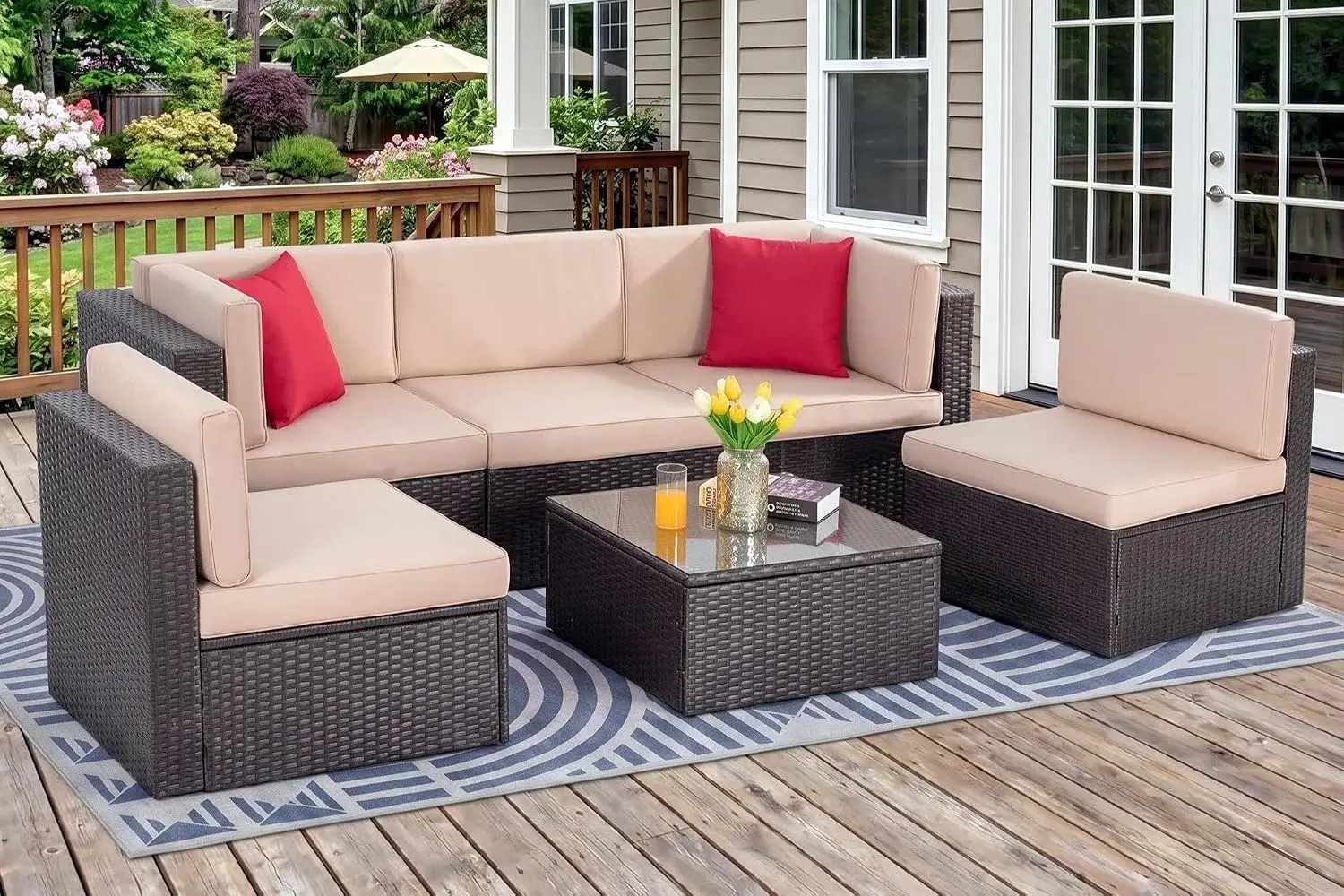 Small Outdoor Wicker Sectional Sofa, All Weather PE Rattan L-Shaped Corner Patio Furniture w/Glass Table, Beige, Customized