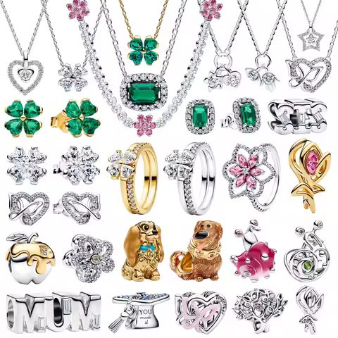 New 925 Sterling Silver Four Leaf Clover Flower Ear Stud Ring Pendant Bead fit DIY Women's Bracelets Necklaces Jewelry Gifts