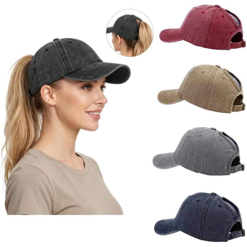 Washed Cotton Adjustable Ponytail Baseball Cap Classic Snapback Dad Hat Breathable Golf Fishing Outdoor Sun Cap