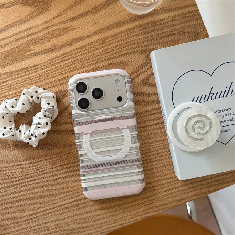 

Kawaii Pink White Stripe For MagSafe Phone Case For iPhone 15 16 17 Pro Max With Glitter Swirl Stand fashion phone cases