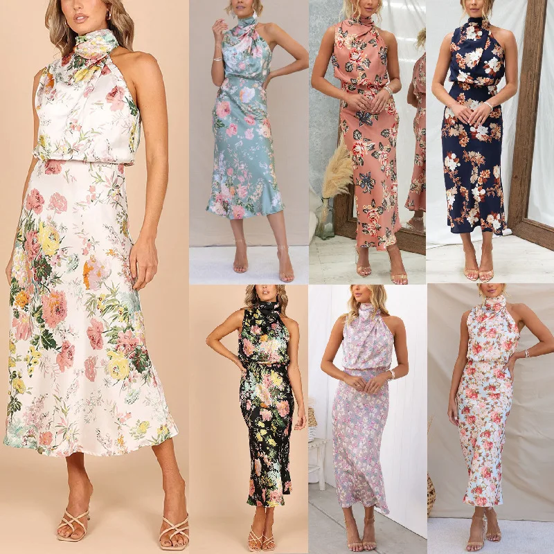 Sleeveless Halter Satin Sexy Evening Dress Women 2023 Summer Floral Printed Elegant Dress Ladies Casual Slim Party Dresses 25768