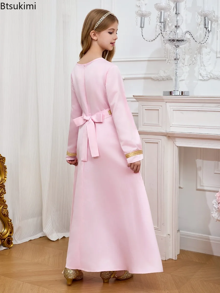 Girls Muslim Ramadan Abaya Kids Clothing Long Sleeve V Neck Prayer Dress Middle East Arabic Kaftan Robe Elegant Sweet Party Gown 4