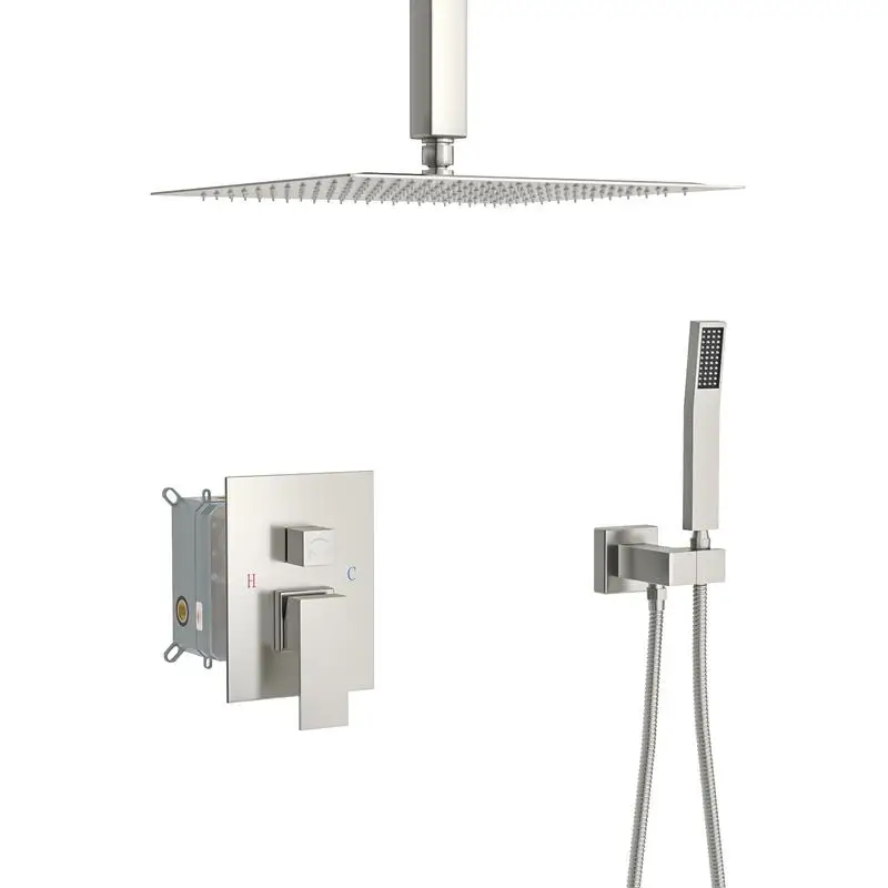 

12 Inch Ceiling Mount Dual Shower Head System with Rough-in Valve, Brushed Nickel Finish