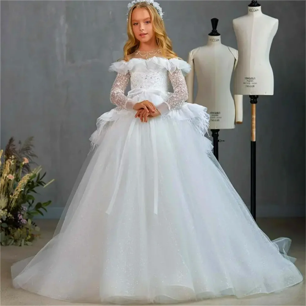 

Holy Long-sleeved Tulle Lace Printing Flower Girl Dress Princess Ball First Communion Dresses Kids Surprise Birthday Present