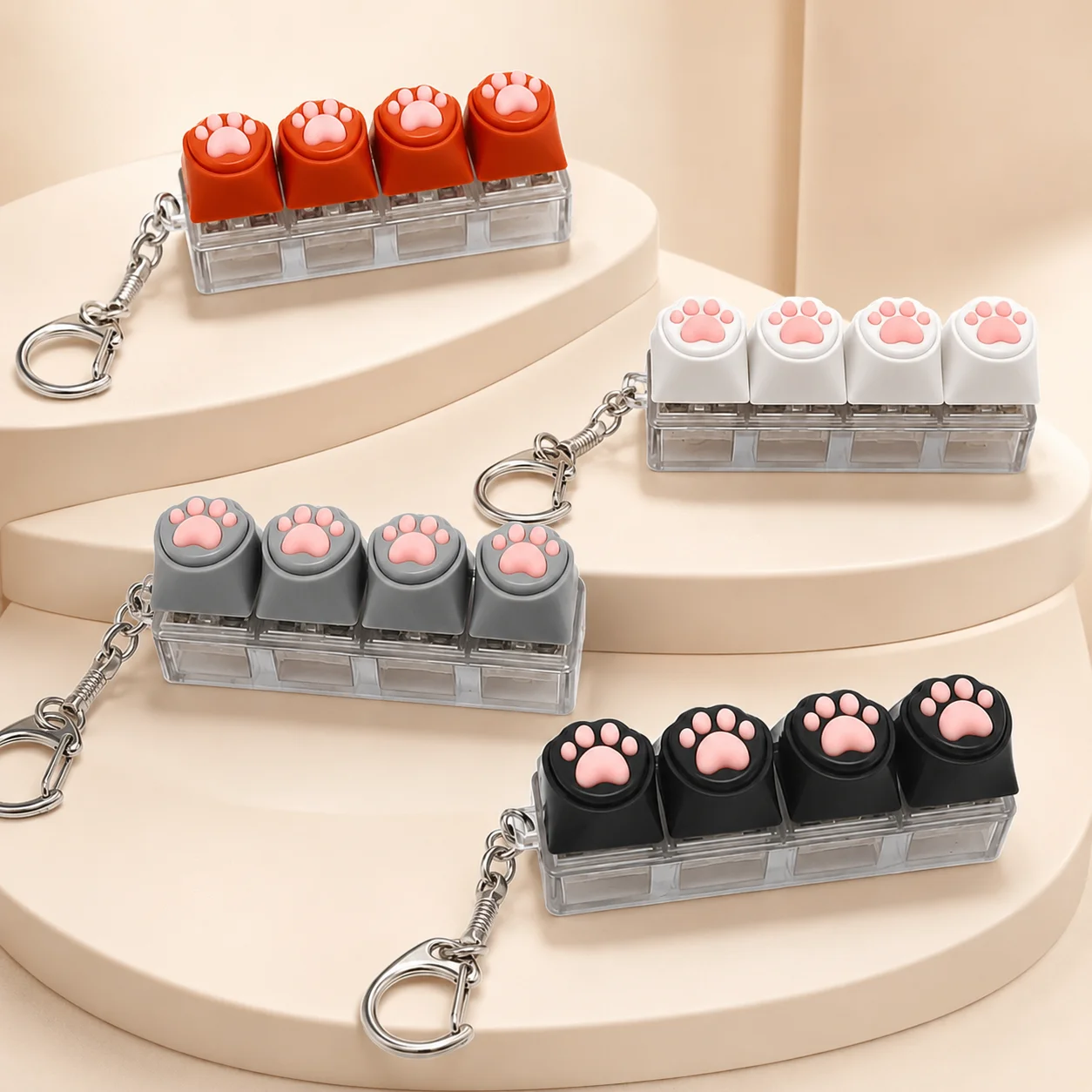 Cute Cat Paw Keyboard Keychain 4-Key Mini Mechanical Switch Keyring Stress Relief Clicker Toy Bag Pendant Gift for Kids Girls