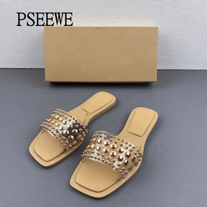 PSEEWE 2024 Women Slippers Summer Fashion Studded Flats Sandals For Women Shoes Casual Designer Luxury Slippers Female Shoes