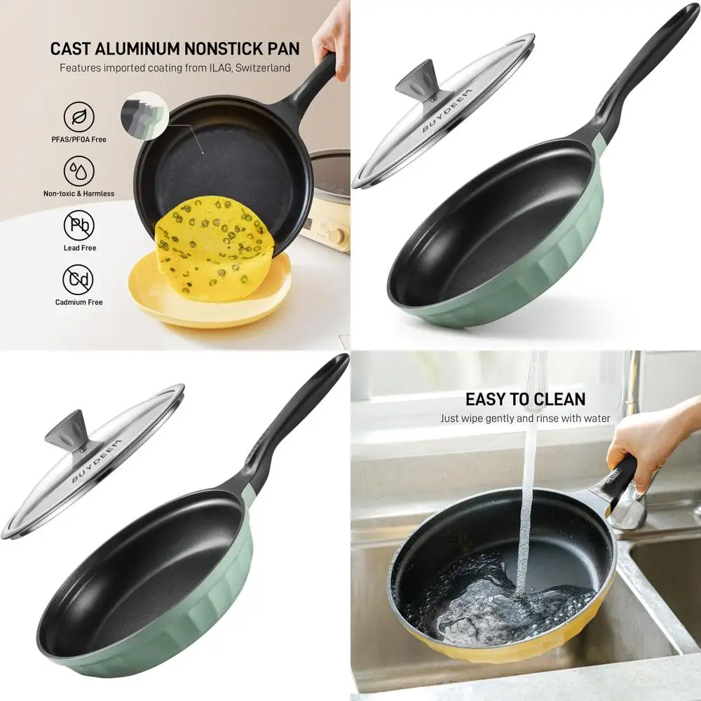

10.2 Cheflite Cast Aluminum Non-Stick Skillet with Glass Lid, Cool Handle, All-Stove Compatible, PFAS/PFOA-Free, Cozy Greenish