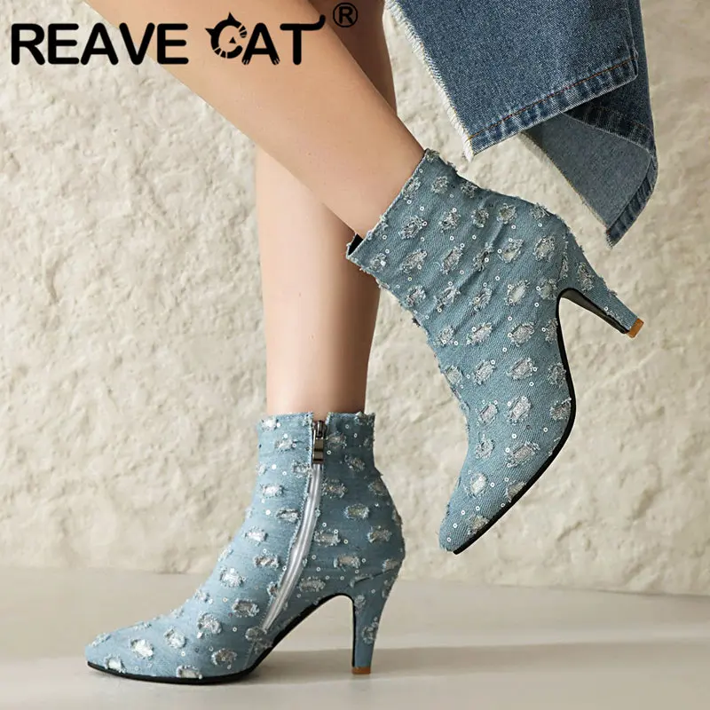 REAVE CAT Damskie buty za kostkę Szpiczaste palce Wysokie obcasy 8,5 cm Zamek błyskawiczny Duży rozmiar 46 47 Codzienne buty rekreacyjne Jesień Zima