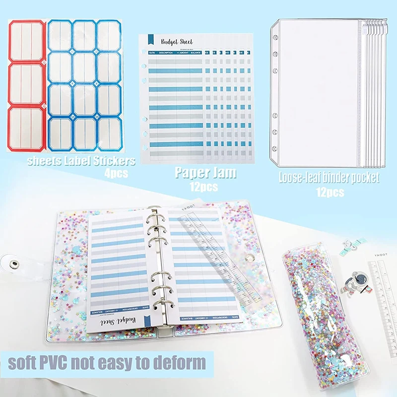 Notebook Binder, With 12 Transparent Binder Zipper Pockets,Loose Leaf Pocket, 6-Ring Binder, Cash Budget Envelope Buckle