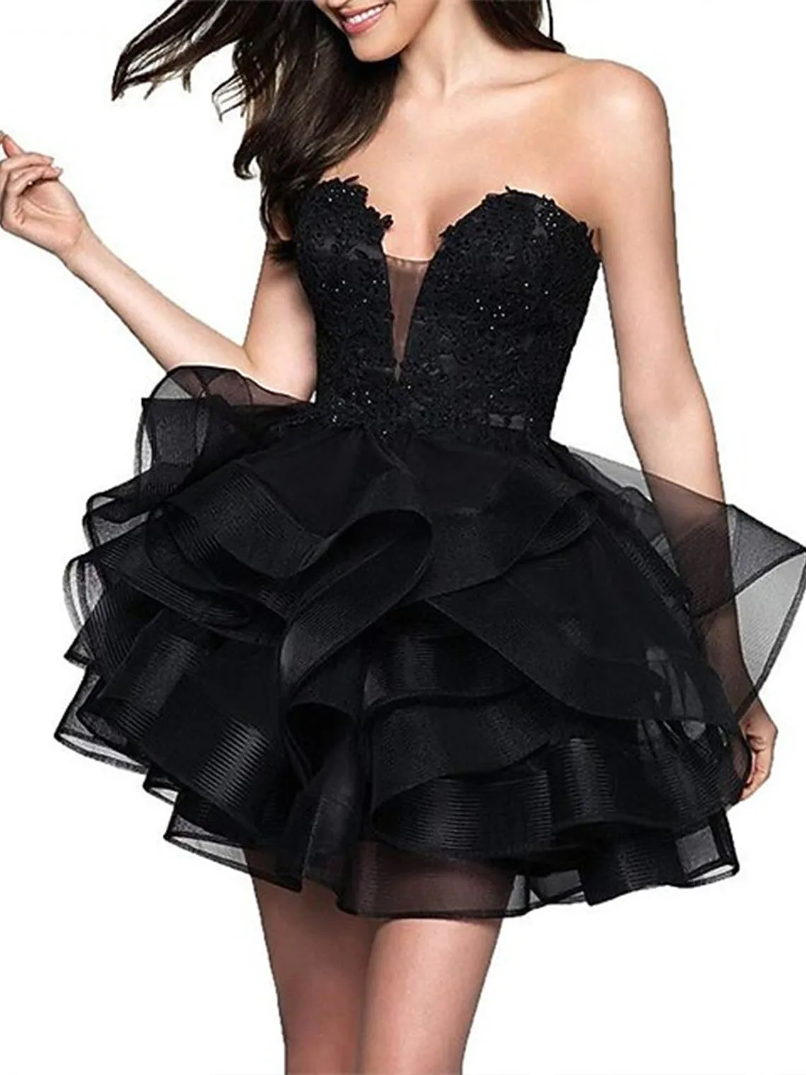 

Атласное мини-коктейльное платье без бретелек, платье для выпускного вечера, многоуровневая аппликация, атласная вечерняя одежда трапециевидной формы, 2025 г., бесплатно по индивидуальному заказу