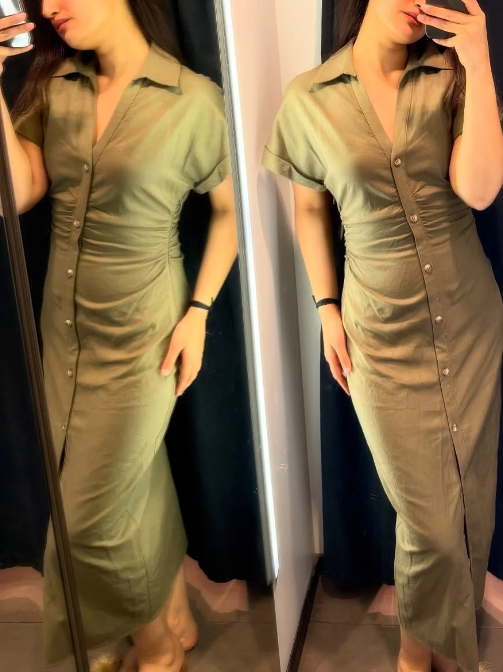 

Linen pleated slim long skirt women's clothing new solid color mid-length skirt single-breasted dress temperament evening dress