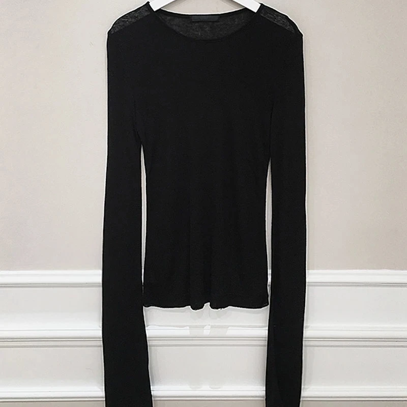 Sexy Slim Long Sleeve T-shirt for Women Elastic Soft Korean Fashion Casual Tee Shirt Ladies Tops
