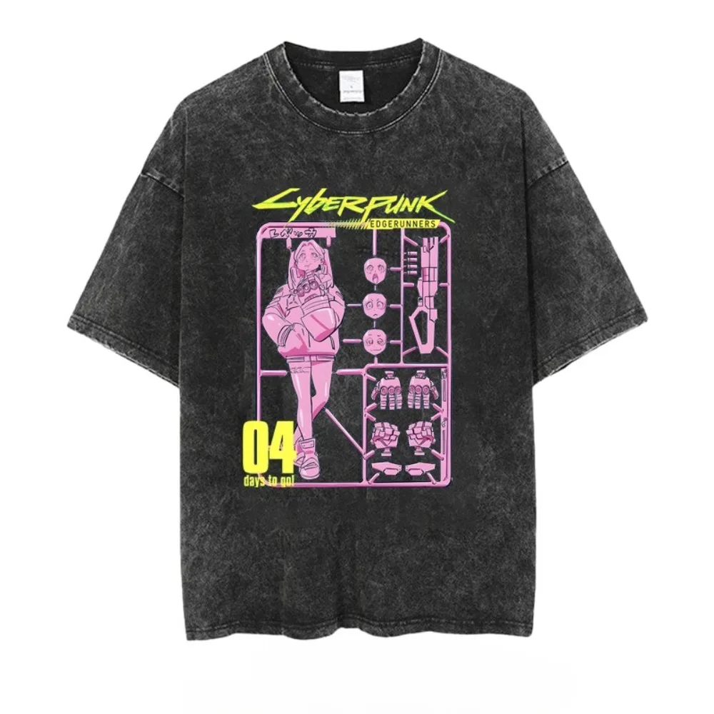Herren T-Shirt Cyberpunk Rebecca Print Casual Vintage Washed Kurzarm T-Shirt Anime Sommer Damen Übergroßes Gym Harajuku Top
