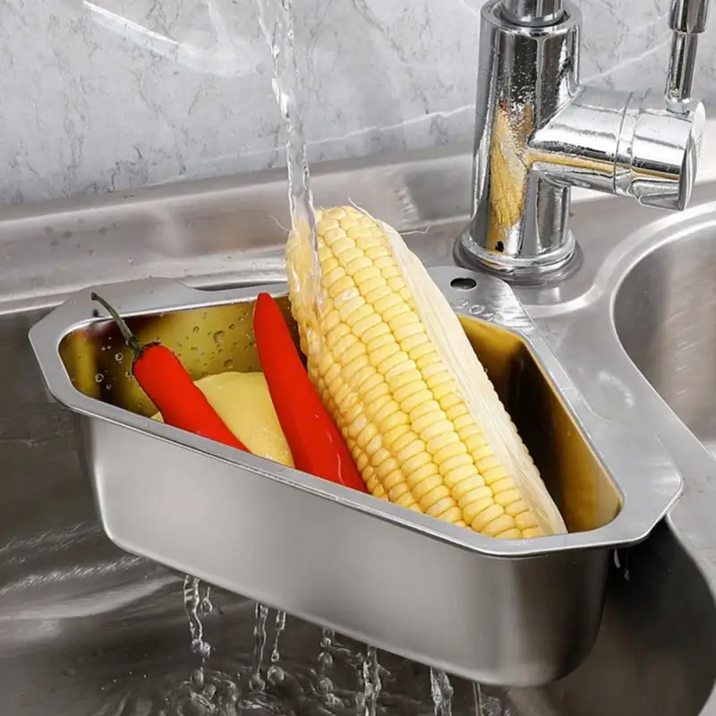 Triangular Kitchen Sink Drain Basket 304 Stainless Steel Filter Shelf Fruit Vegetable Sponge Drainer Storage Rack KitchenFixture