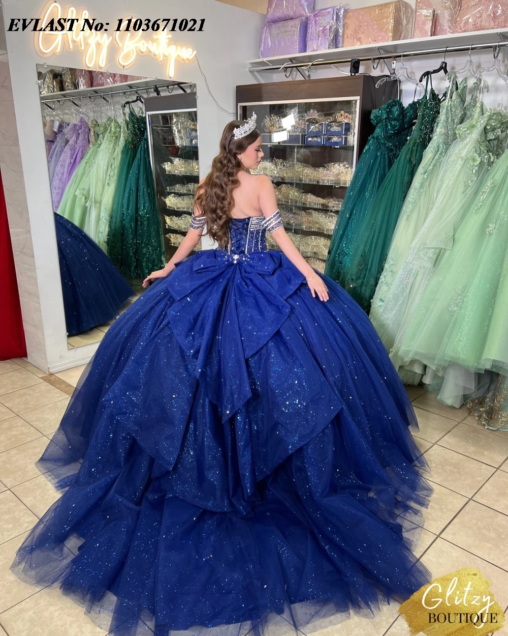 EVLAST Customized Navy Blue Off Shoulder Quinnceanera Dress Ball Gown Applique Beading Corset Sweet 16 Vestidos De 15 Anos SQ639