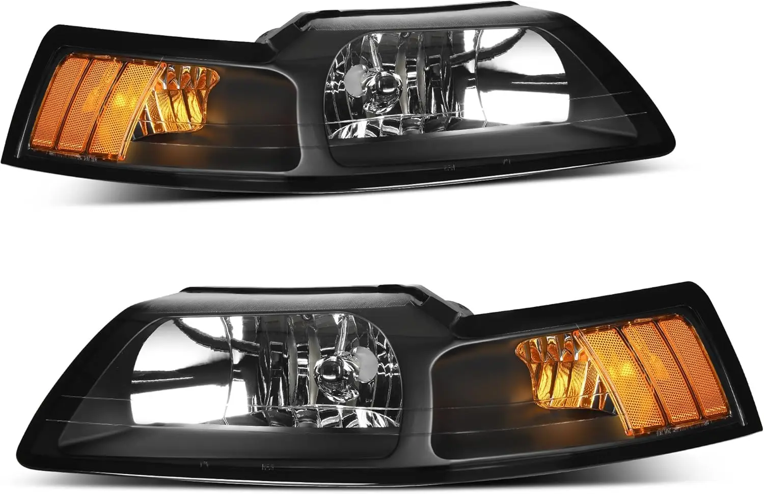 Headlight Assembly Compatible with 1999-2004 99 00 01 02 03 04 Ford Mustang, Headlamp with Amber Reflector, Black Housing Clear