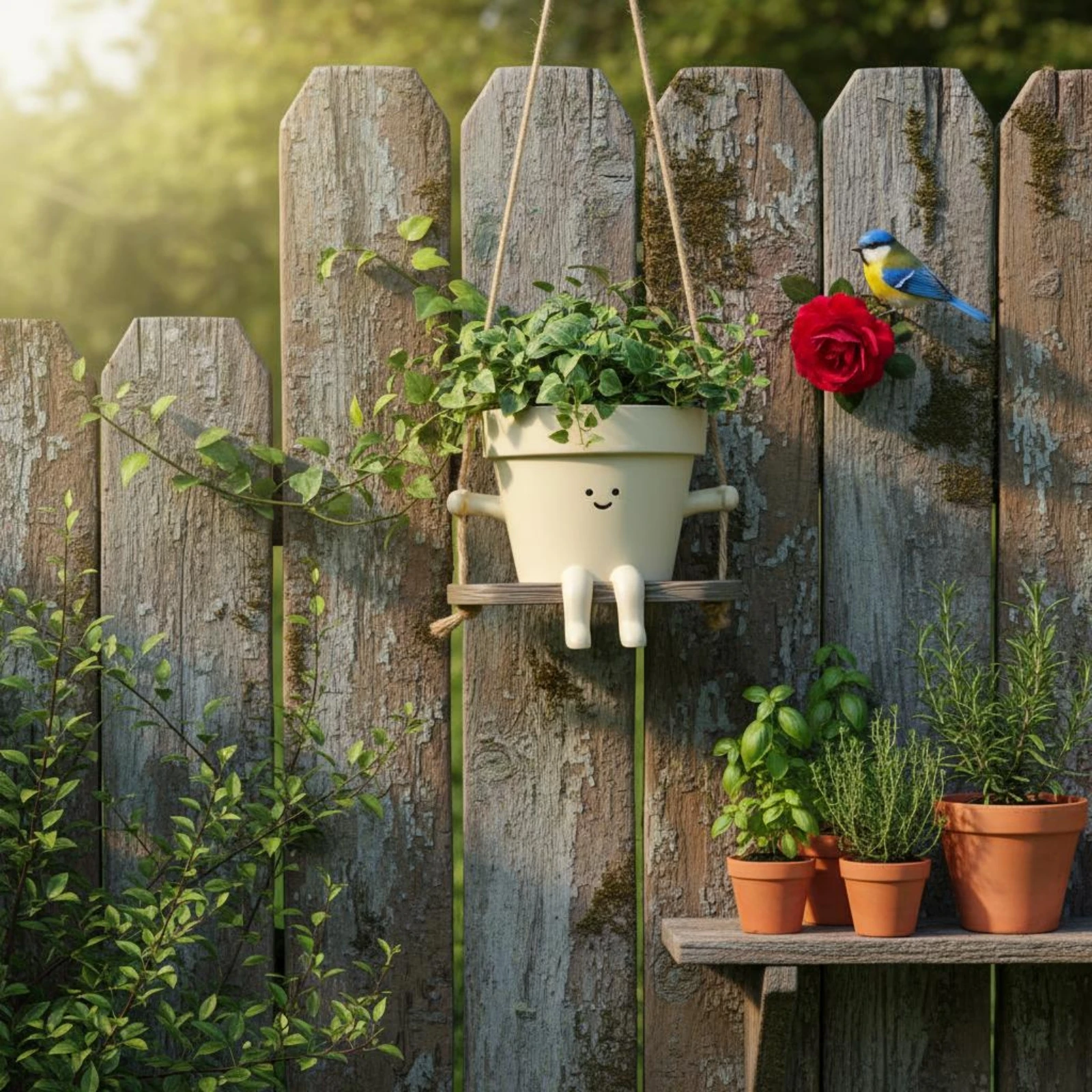 Swing Hanging Planter Dangling Legs Smiling Character Planter Swing Face Plant Pot Short Side Arms Hanging Head Flower Pot