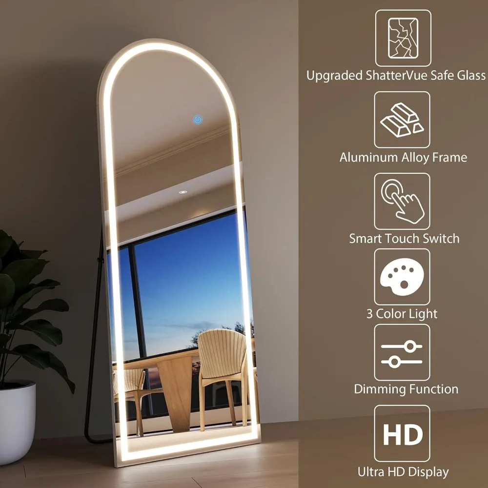 กระจกเงาเต็มตัวแบบตั้งพื้น ขนาด 63x20 นิ้ว พร้อมไฟหรี่แสงได้ 3 โหมดสี ดีไซน์โค้งมน แบบยืนพิงได้