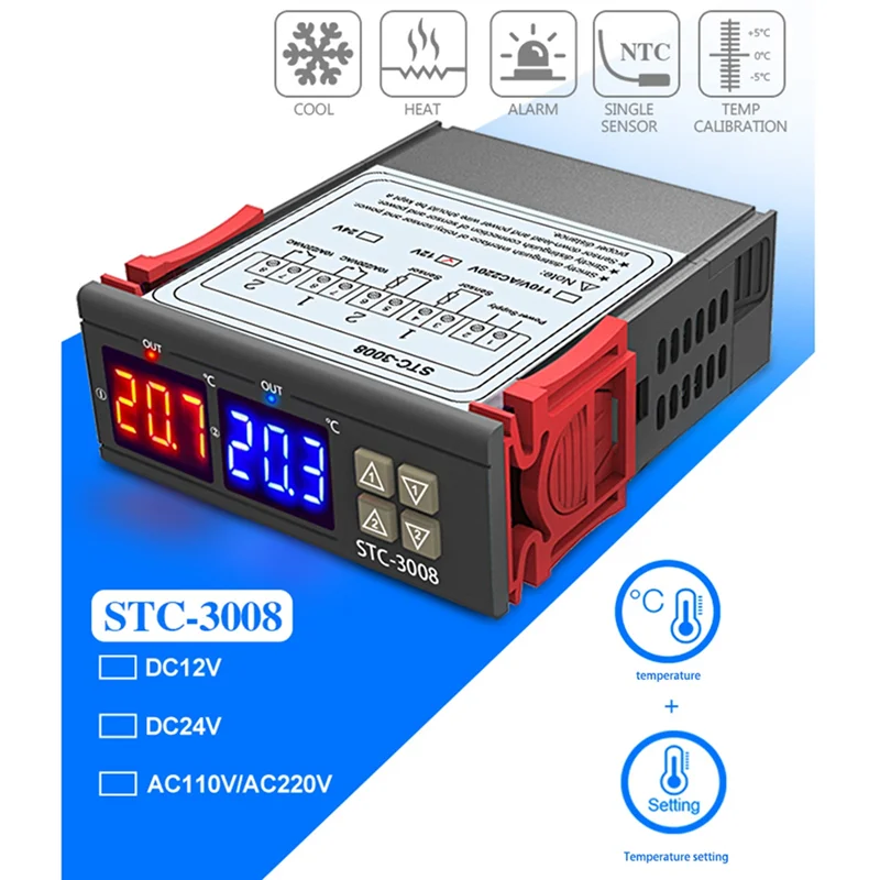 デジタルサーモスタット温度コントローラー、温度計、湿度計、12v、24v、220v、STC-3008