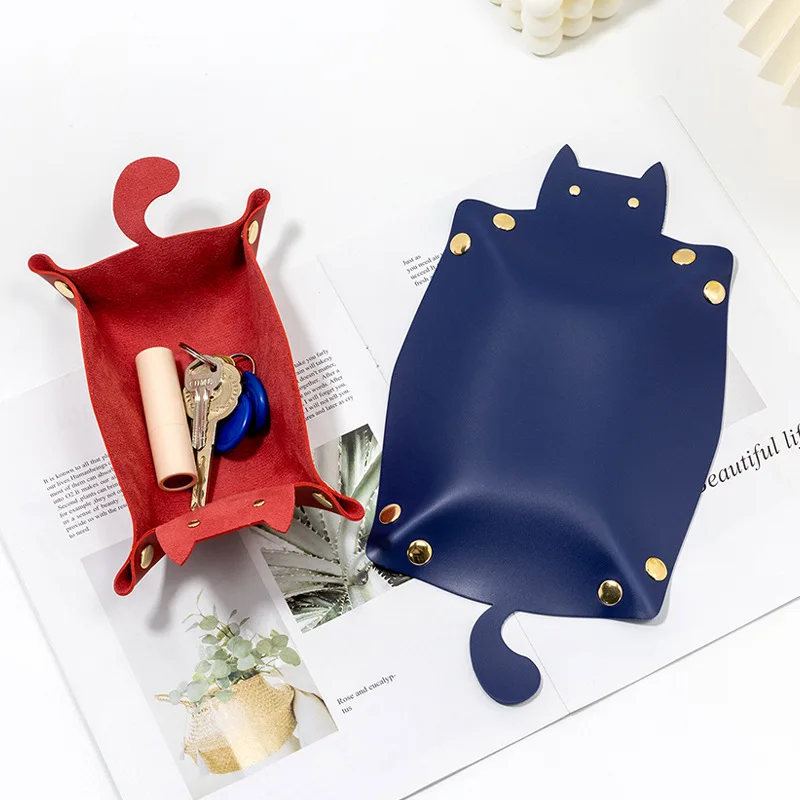 

Cute Cat PU Leather Storage Box, Desktop Jewelry, Cosmetics Storage Tray, Solid Color Leather Clutter Box