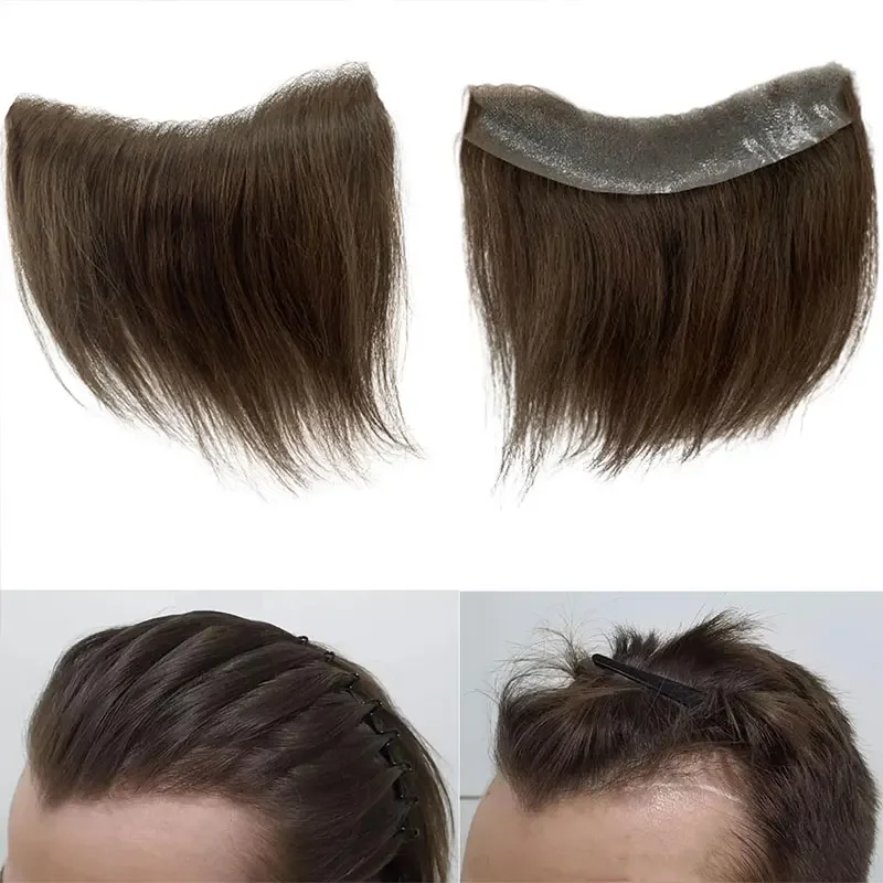 Ultra Thin Skin Men Toupee For Forehead #4 Brown Front Hairline Toupee 100%Human Hair Skin PU Man Hairpieces Frontal Hair Topper