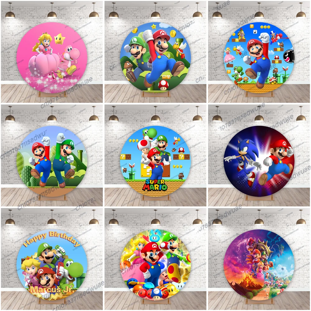 

Super Mario Birthday Party Photo Background Baby Shower Round Photo Backdrop Party Cartoon Photography Backdrop Banner