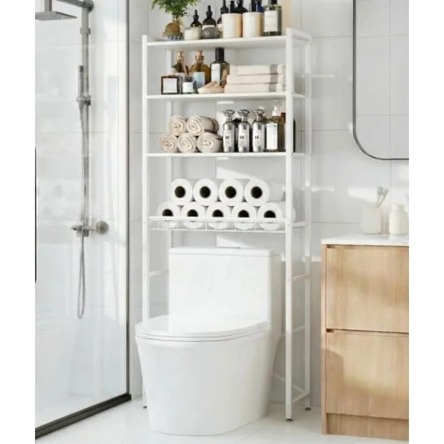 

Bathroom 4-Tier Over-the-Toilet Storage Rack with One-Piece Wooden Shelves Open Net Basket Adjustable Feet Anti-Tip Kit Space-S