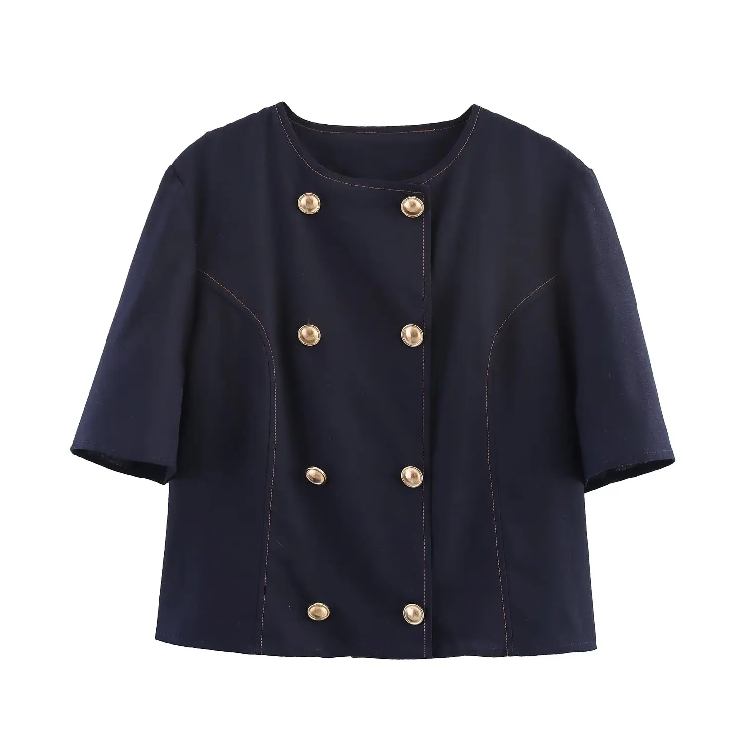 JNLEAOG カジュアルスタイル レディースシャツ ラウンドネック ダブルボタン 半袖 ロングパンツ 秋の新作 ポリエステル繊維 厚手