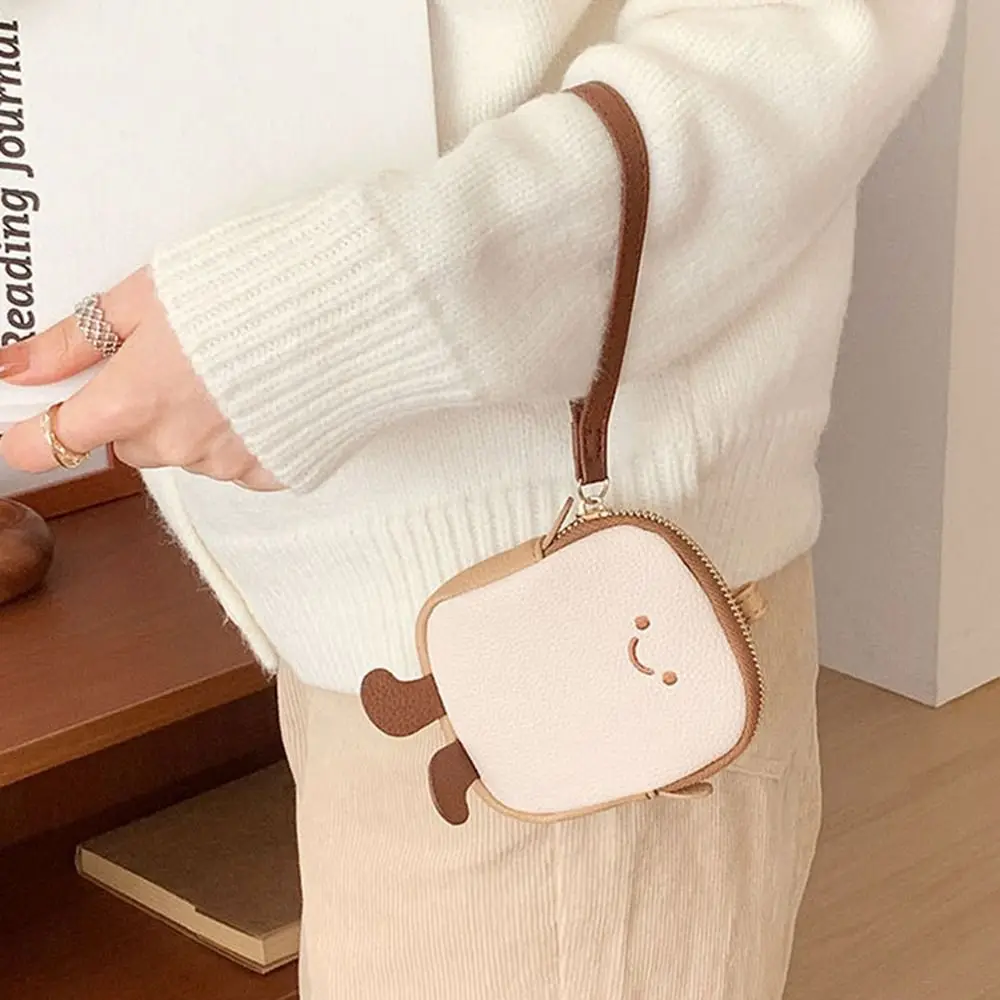 PU Leather Hanging Neck Coin Purse Lipstick Earphone Pouch Purse Lanyard Toast Bread Wallet Cute Korean Style