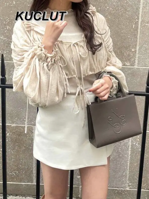 สาวเสื้อจีบสายรัดเชื้อรา Edge Stand-up COLLAR Bottoming เสื้อ 2 ชิ้นชุดแฟชั่นฤดูใบไม้ผลิฤดูใบไม้ร่วงผู้หญิงเสื้อ