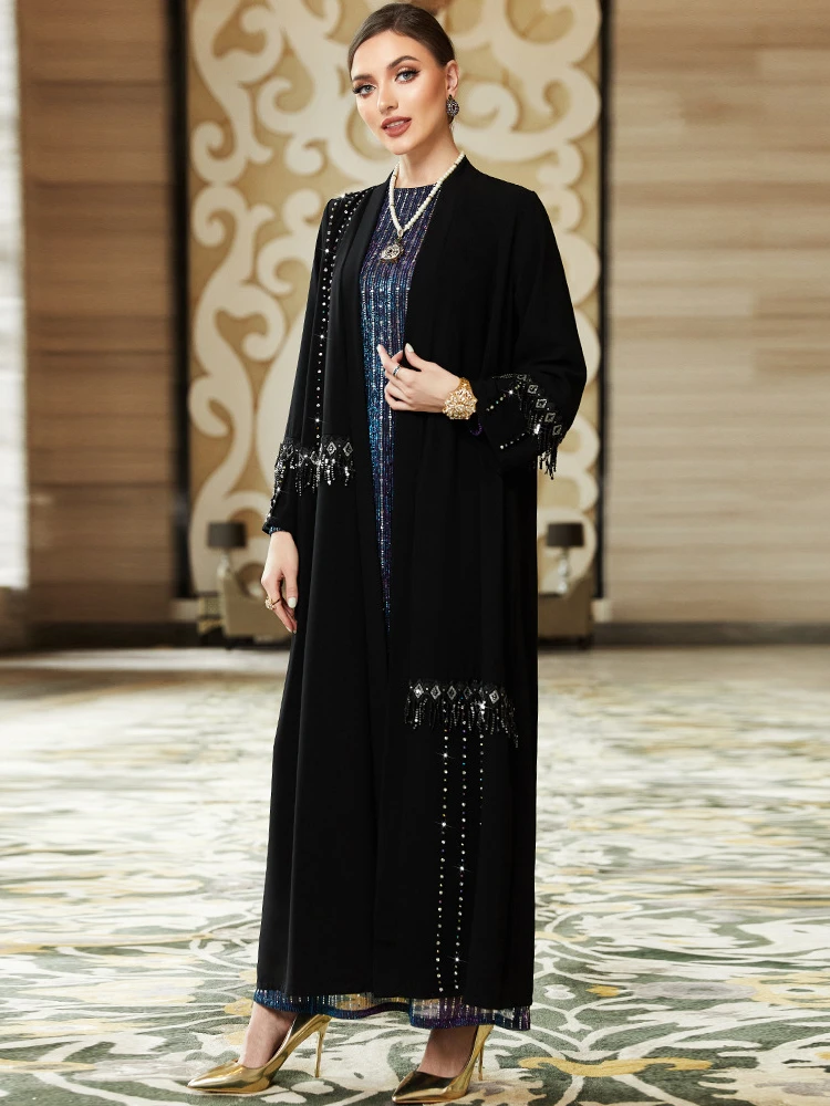 Eid Arab Muslim Party Abayas for Women Dress Tassel Sleeve Jalabiya Long Dresses Kaftan Vestidos Dubai Ramadan Gown Robe 2024