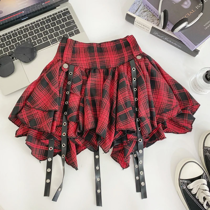 Minirok met hangende doorvoertule Gelaagde ruches Hoge taille Tartan rok Dames Tiener-meisje Grunge Punk Rock Y2K Outfit