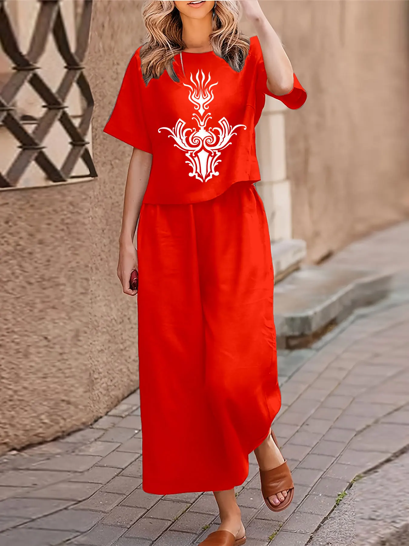 Plus size feminino casual conjunto de duas peças terno impresso manga curta camiseta calças conjunto de duas peças solto crewneck