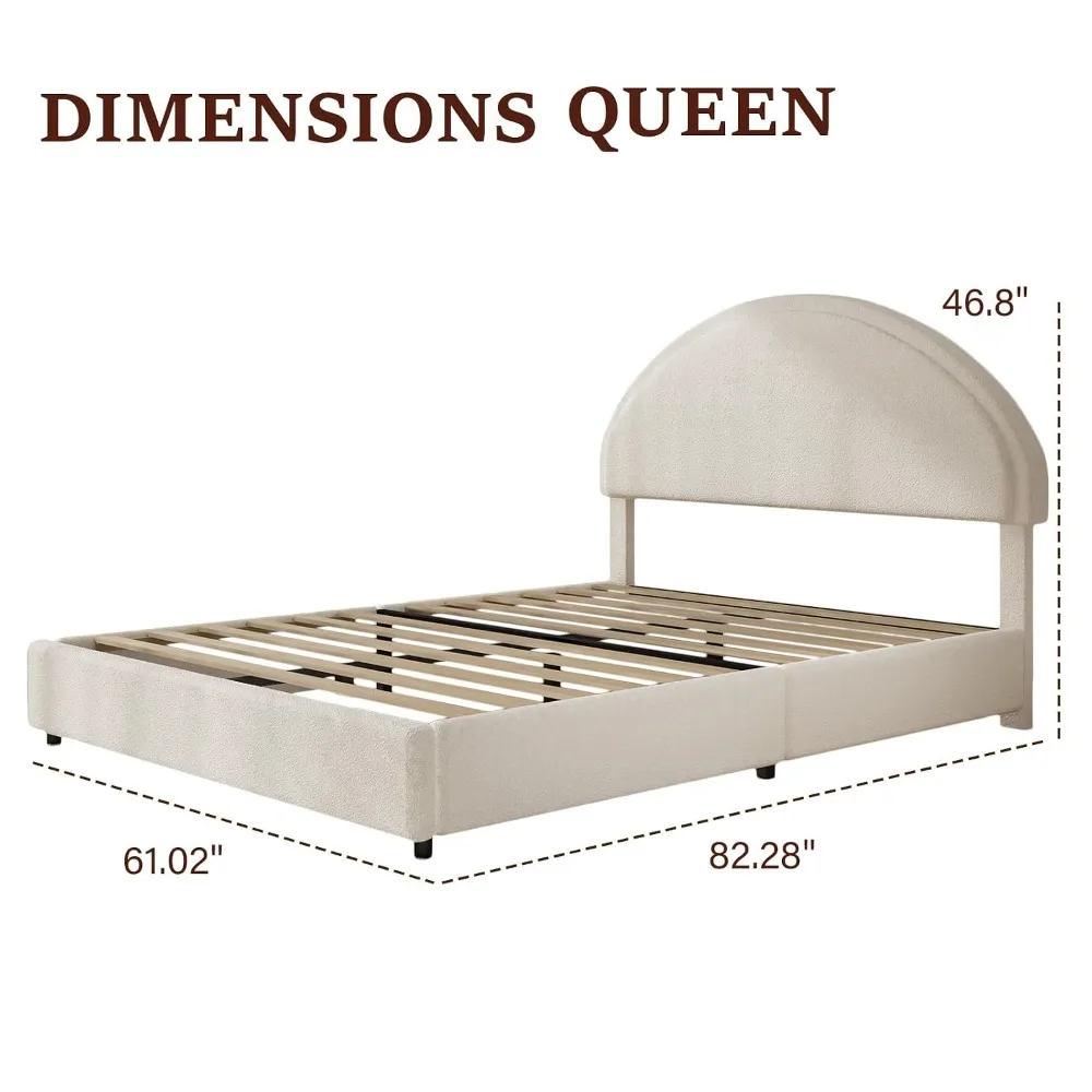 Queen Bed Frame, Boucle Upholstered Platform Bed Frame with Rounded Corners, Soft Bedframe with Round Headboard, Customized image 2