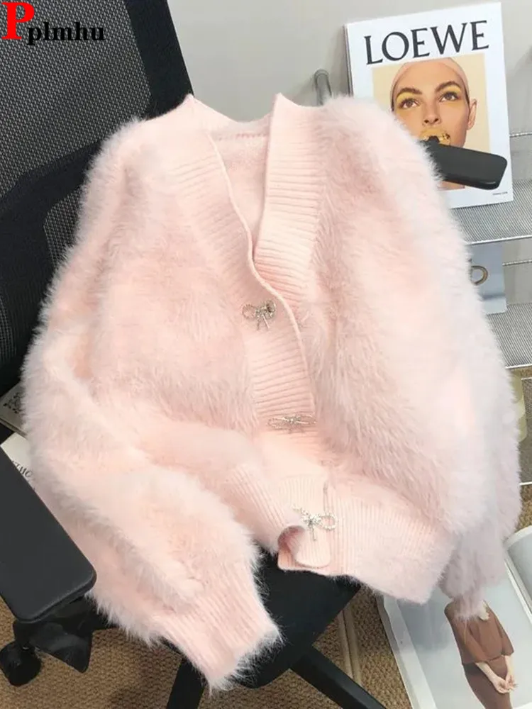 Chic Faux Rabbit Fur Cropped Knitwear Jackets Classics Winter Warm Single Breasted Plush Women Coat Casacas Korean Ceketler New