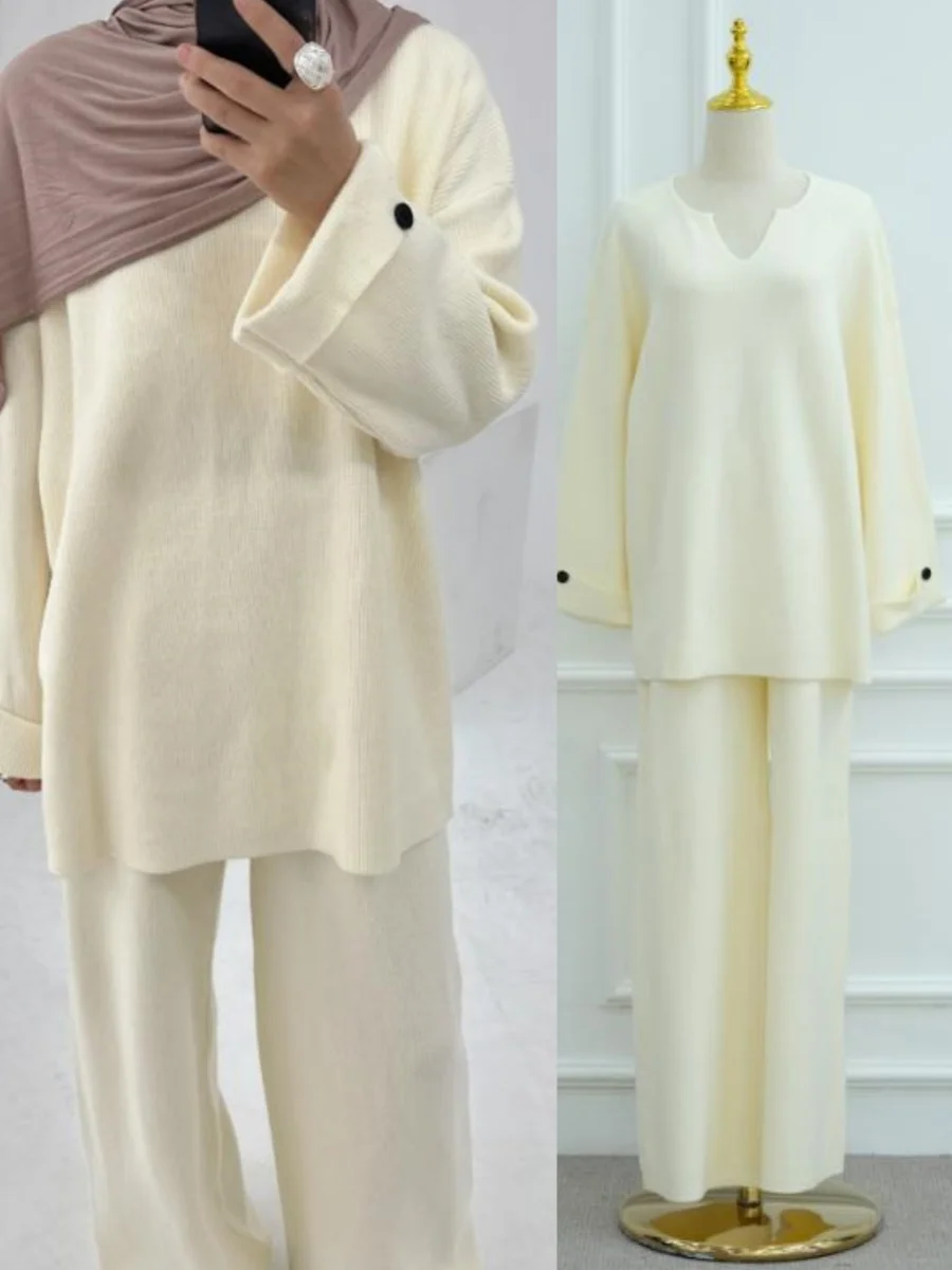 

Women Arabic Dubai Abaya Winter Warm knitted Sweater Muslim Sets Modest Kaftan Solid Robe Africains Femme Islamic Clothing Set