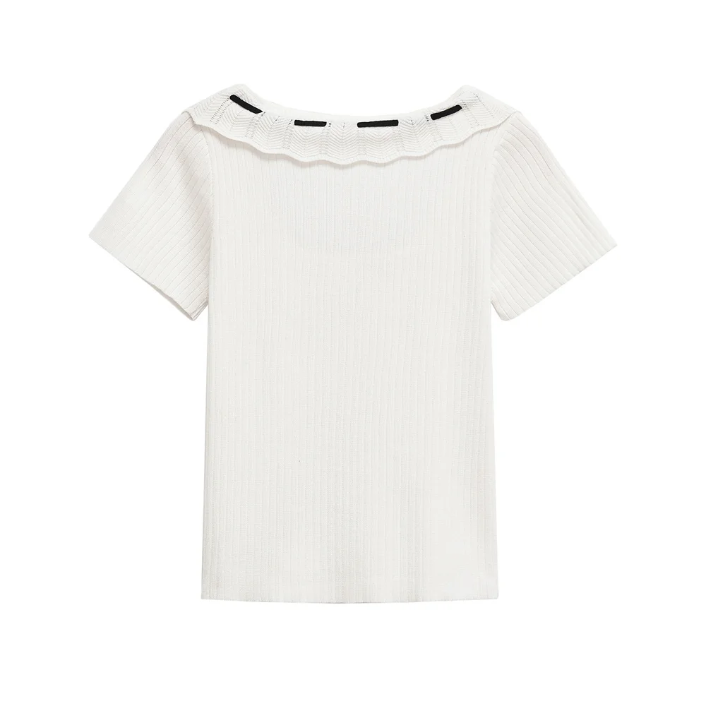 T-shirt da donna a maniche corte con scollo tondo a costine con lacci a contrasto per abbigliamento casual da donna primaverile ed estivo