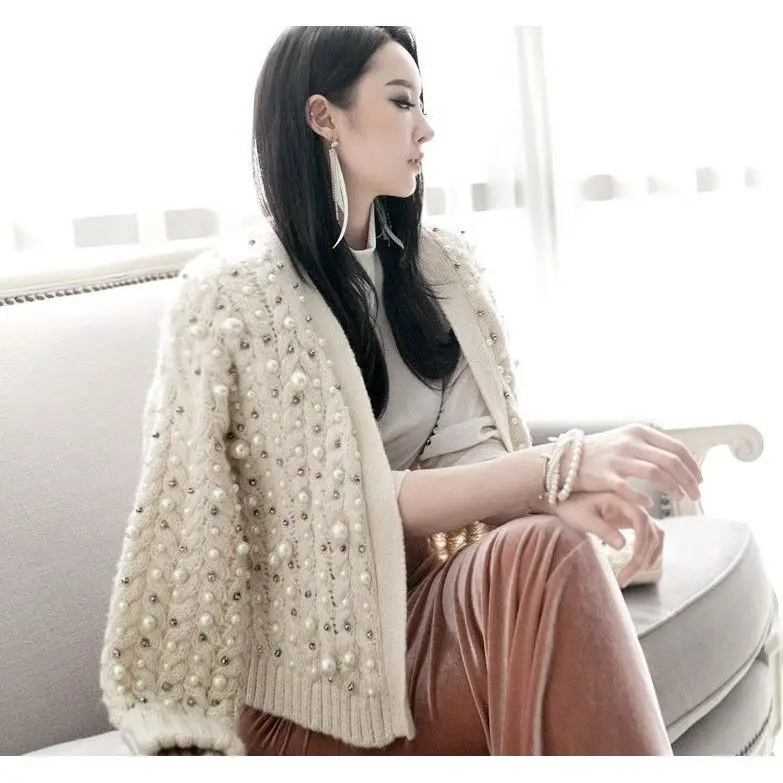 Good Quality Pearl Beading Sweater Cardigan Coat Handmade Diamonds Thick Coat Long Sleeve Autumn Winter Women Clothing