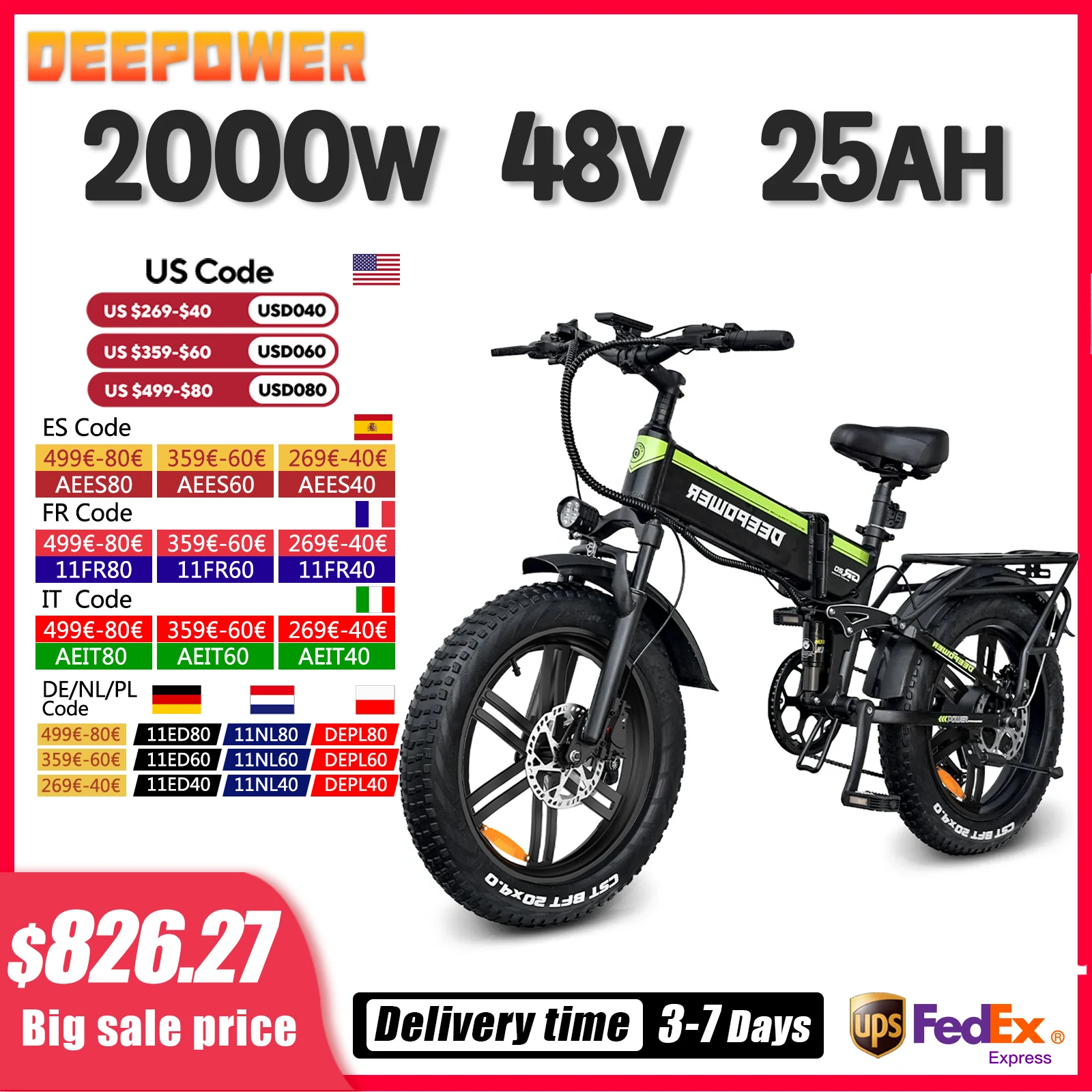 DEEPOWER 2000W Adults Electric Bike Bicycle 48V 20AH 20 Inch Fat Tire Folding Electric E Bikes Mountain Oil Brake 1000W Ebike