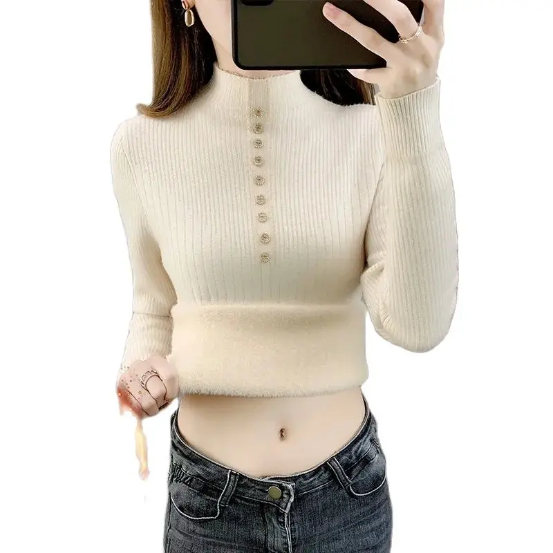 Thick Fleece Women's Top Half High Neck Slim Autumn Winter Warm Bottoming Shirt Button Solid All-mutch Casual Knitted Sweatwer