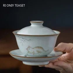 Traditional Ru Kiln Ceramic Tea Tureen Bowl Handmade Cat Pattern Teacup Travel Portable Gaiwan Home Tea Set Drinkware 160ml