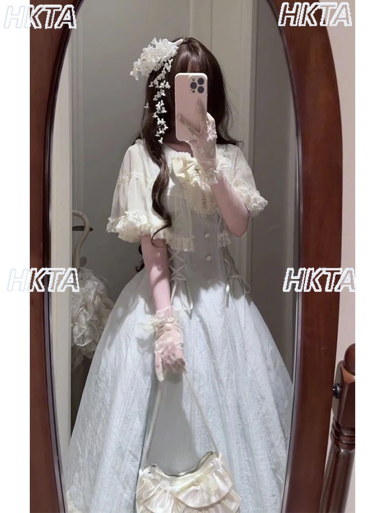 Japanse stijl elegante lolita taille lolita jurk vrouwen zomer bloemblaadjes korte mouwen pop kraag boog riem prinses lange jurk