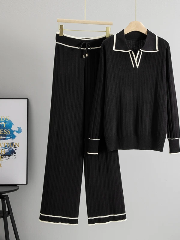 韓国レトロファッションカラーブロックカラーショートスリーブニットトップハイウエストスリムカジュアルワイドレッグパンツツーピースセット
