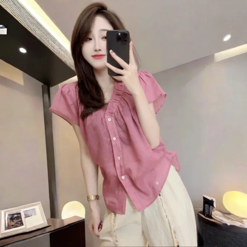 Women Summer Korean Fashion Loose Solid Color V-neck Short Sleeve Shirts Women Clothes Office Lady All-match Temperament Tops