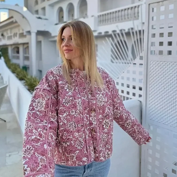 new European and American 2025 Women's Explosion Round Neck Cardigan Small Floral Cotton-padded Jacket Pattern Warm Jacket