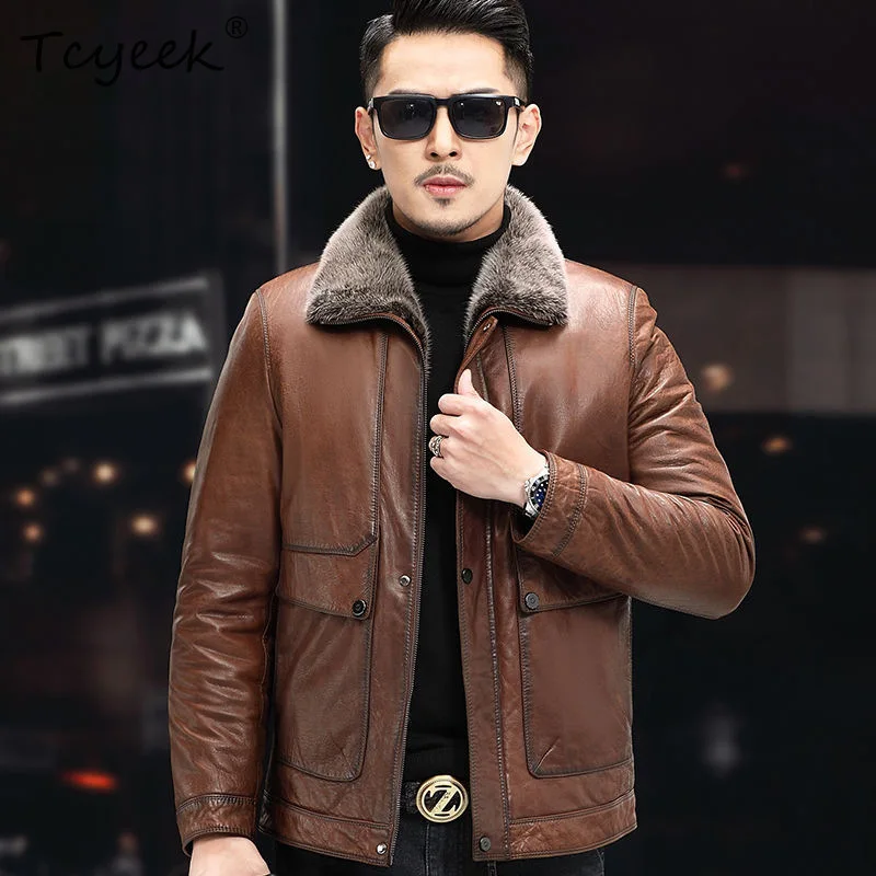 

Tcyeek Мужская куртка из натуральной козьей кожи из натуральной норки, зимняя одежда, 2025 г., деловые повседневные мужские пальто Куртка Мужская