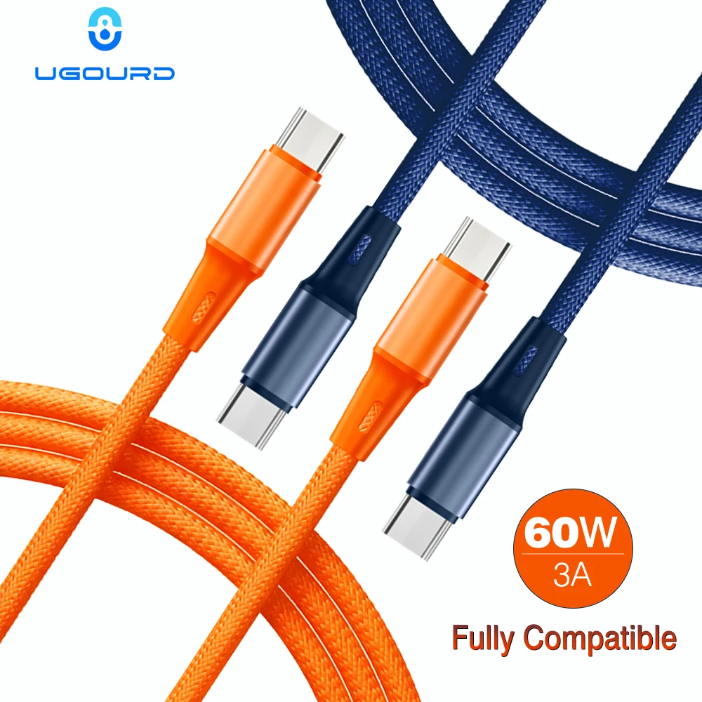 UGOURD PQ/QC 60W Type C to C Cable USB C Fast Charging Cable Ultra Soft Blue Orange Braided Power Cord for Samsung Huawei Tablet