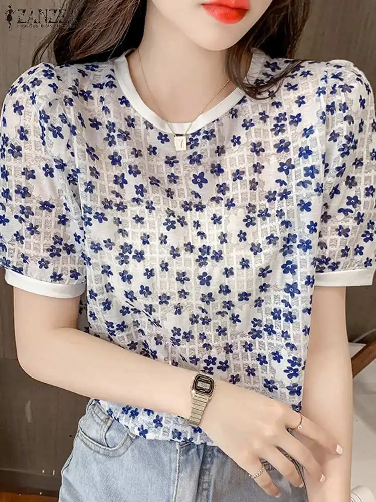 

ZANZEA Women Fashion Short Sleeve Blouse Summer Floral Printed Lace Crochet Tops Casual Holiday Party Shirt Female Blusas Mujer